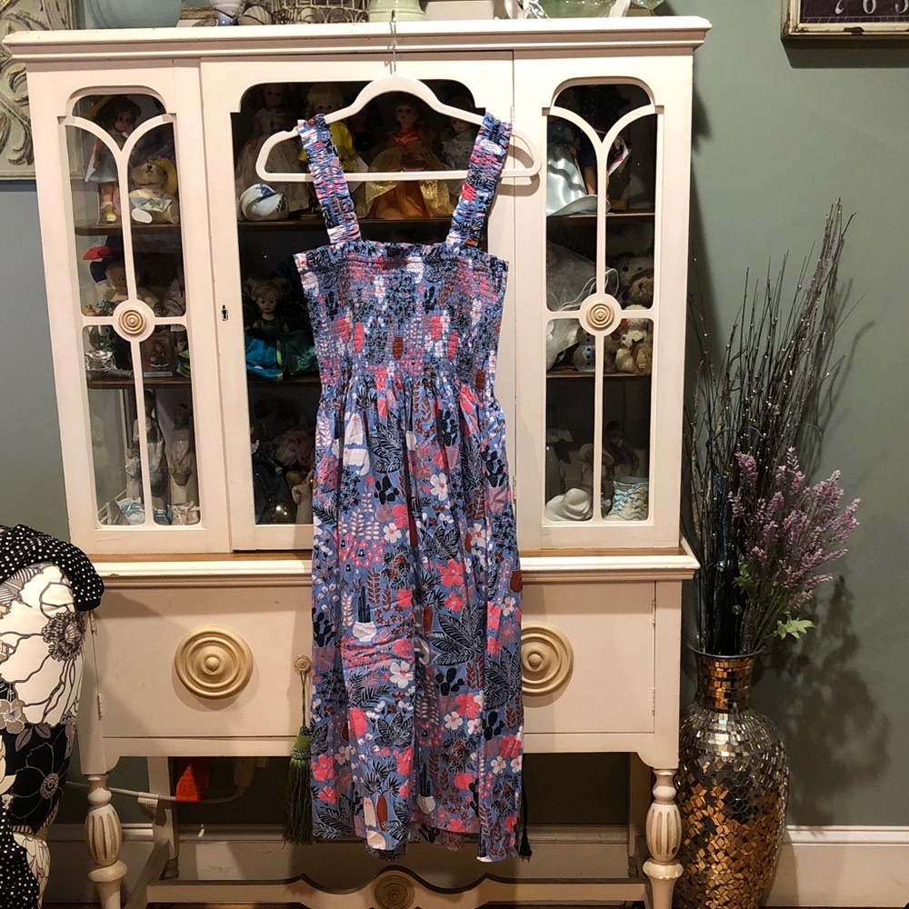 NWOT Floral with cats Smocked Sundress with Straps - Picture 5 of 11